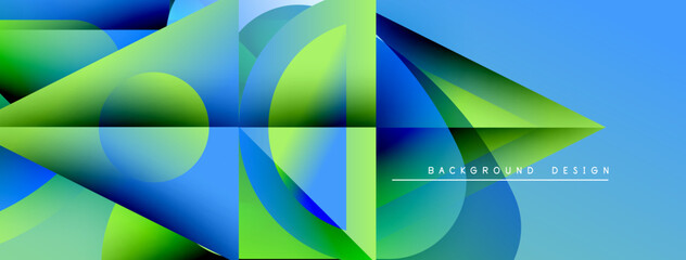 Fototapete - Abstract geometric shapes overlap, creating vibrant blue, green gradients. Modern design suggests dynamic movement, clean aesthetic.