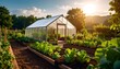 © Anas - Sunny greenhouse garden with vegetables growing, wooden beds, lush plants, and sunset light.