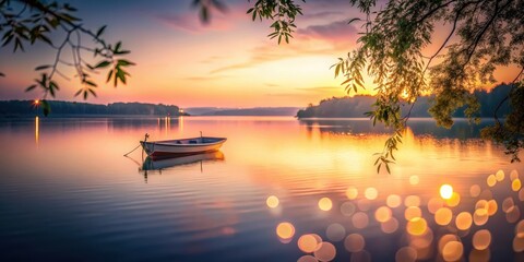 Wall Mural - Serene Sunset Over Calm Water Featuring a Small Rowboat at Golden Hour
