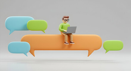 3D Cartoon Man Working on Laptop Mockup Design Communication Chat Bubbles