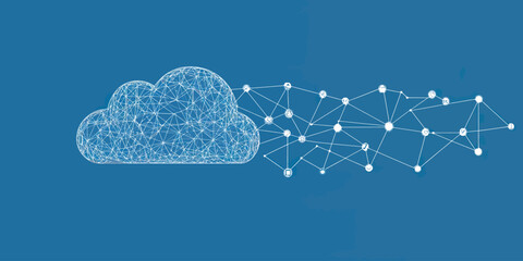 Abstract cloud computing network with connected nodes and lines representing digital data flow on blue background vector illustration