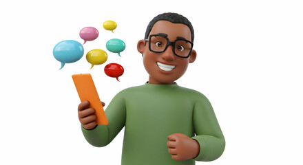 Happy cartoon man using smartphone social media chat