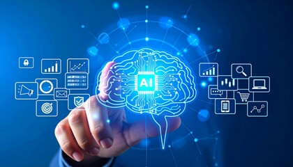 artificial intelligence, technology, and business innovation concept with digital brain and ai circu