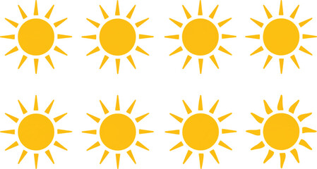 yellow sun vector icon set: a bright collection of summer sunlight symbols for weather and solar des