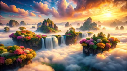 Wall Mural - Serene Floating Islands Cascading Waterfalls at Sunrise A Dreamlike Panorama of Lush Vegetation and Misty Peaks