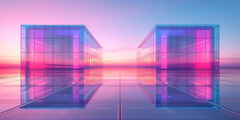 Wall Mural - Modern corporate office building captured from a low angle during a vibrant sunset, 