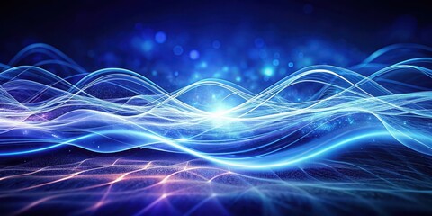 Wall Mural - abstract flowing energy luminous blue waves and sparkling particles on a dark background