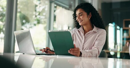 Poster - Business, thinking and woman in office, laptop and email with online reading, creativity and app. Person, editor and journalist with tech, tablet and research for article, news report and opportunity