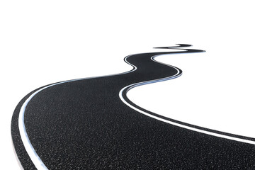 winding asphalt road with white line isolated on transparent background