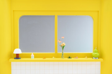 Poster - Modern minimalist design in bright yellow room interior. simple home decor features window with lamp and flower vase on windowsill, creating cheerful, optimistic mood