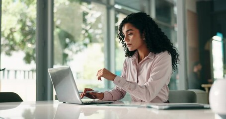 Poster - Smile, businesswoman or reading on laptop in office for account management or finance report. Research, budget or accountant with technology or news for tax compliance, investment project or auditing