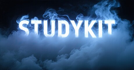 Poster - Bright text reads STUDYKIT over dark background. Wispy smoke surrounds glowing letters, creating dramatic effect. Simple, bold design.
