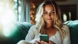 © Pinklife - A relaxed and serene young woman comfortably sitting on a couch, engaged with her phone, amid soft natural light creating a cozy, inviting atmosphere filled with warmth.