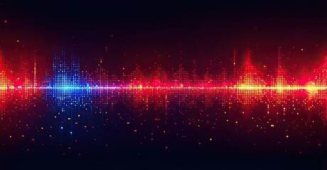 Leinwandbilder - Vibrant digital waveform. Red, blue, orange particles create dynamic sound visualization. Dark background emphasizes glowing energy patterns.