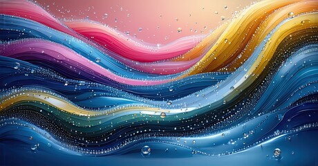Fototapete - Colorful waves flow, creating vibrant abstract pattern. Water droplets add texture, light reflects beautifully. Smooth gradients dominate composition.