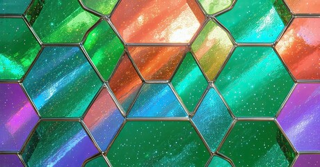 Poster - Hexagonal pattern, vibrant colors, sparkling texture. Abstract design evokes glass or gemstone mosaic. Bright, dynamic composition.