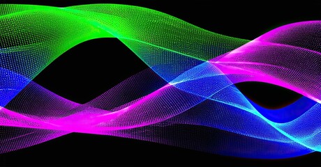 Poster - Bright colorful waves flow across black background. Dynamic lines create abstract visual effect. Vivid hues suggest energy, movement.