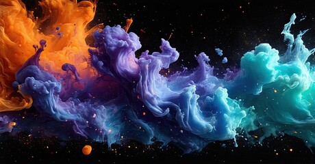 Poster - Vibrant colorful ink swirls blend, creating abstract fluid shapes against dark background. Dramatic lighting enhances texture, depth.