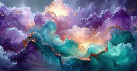 Leinwandbilder - Abstract fluid art. Swirling purple, teal, gold hues create dreamy, ethereal landscape. Soft light emanates from center.