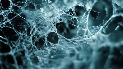 Detailed Macro Photography of a Blue Spiderweb with Intricate Thread Patterns on a Dark Background in Nature