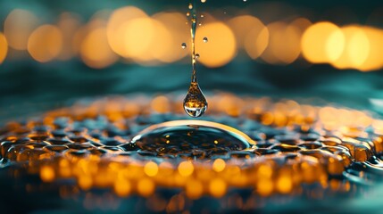 Wall Mural - a single droplet creates ripples in a mesmerizing dance above a surface of glimmering amber lights. 