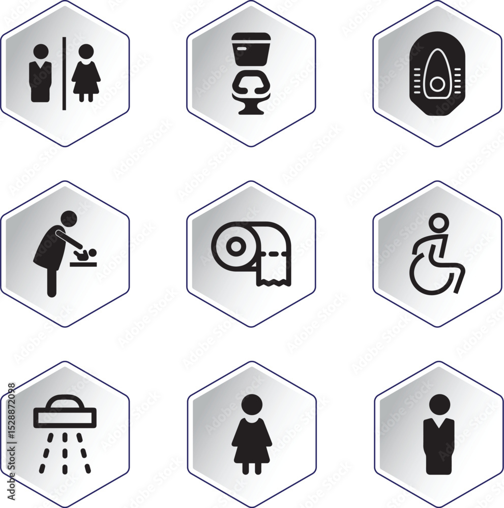 Restroom & WC Icons: Public Toilet, Baby Change, Shower & Accessibility Symbols.