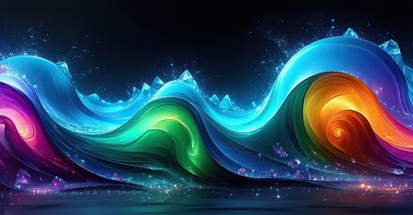 Poster - Vibrant waves flow, colorful energy radiates. Swirling patterns create dynamic visual experience. Bright hues dominate dark background.
