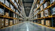 © An - A spacious warehouse with rows of high shelves filled with cardboard boxes and pallets, illuminated by overhead lights, with a clear, polished floor and a bright, open space in the background.