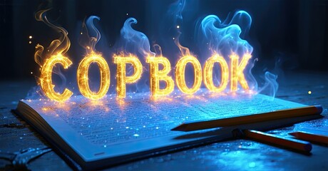 Aufkleber - Open book glows with fiery text. Blue smoke rises, pencils rest nearby. Dramatic lighting creates intense visual impact.