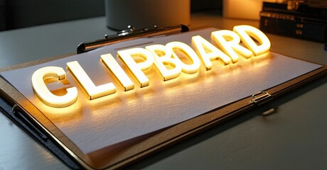 Poster - Illuminated clipboard displays word clipboard. Dark background emphasizes bright lettering, simple office setup visible. Minimalist aesthetic.