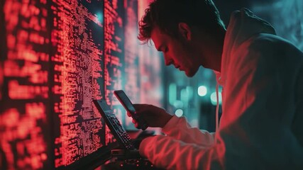 Person looking at a phone in front of a wall of code.