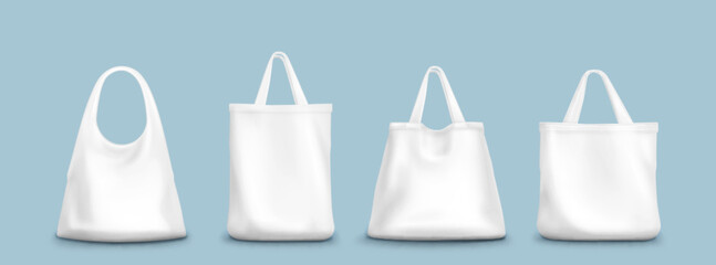 White tote bag mockup collection on blue background - canvas shopping bags with different handle, blank textile template for branding design, eco friendly reusable grocery accessories for presentation