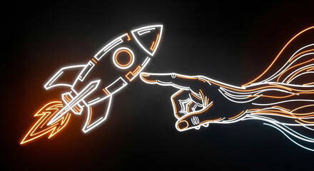 Wall Mural - Neon Rocket Launch Illustration Depicting Hand Touching Orange Pixelated Spacecraft On Black Background