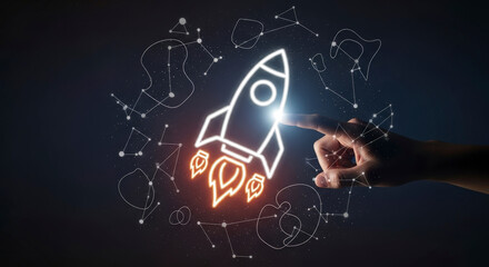 Wall Mural - Hand Touching Illuminated Rocket Icon Representing Technology Startup and Innovation Against Dark Background