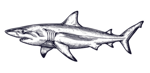 Shark Black and White Vector Illustration, Sketch Drawing Linear Line Art Engraving, Isolated