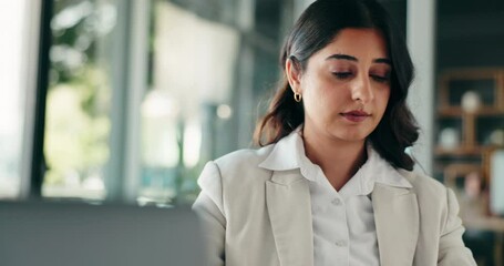 Aufkleber - Laptop, office and business woman with documents for finance report, research and budget review. Corporate, professional and person with paperwork for financial planning, accounting and revenue