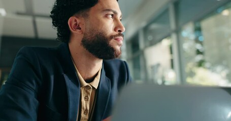 Poster - Business, thinking and man in office, laptop and online reading for company website. Person, employee and consultant in workplace, computer and solution with research, problem solving and decision