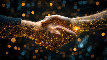 Two hands shaking in a digital scene, symbolizing partnership and mutual understanding