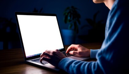 software developer typing on a empty laptop screen with copy space in a dimly lit room at night, foc