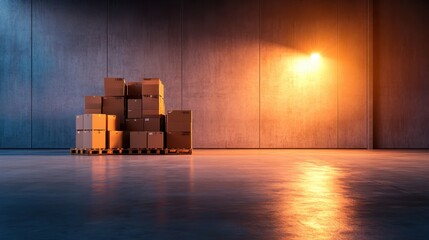 An array of stacked cardboard boxes in a dimly lit warehouse setting illuminated by warm light, showcasing the industrial atmosphere and storage elements highlighted by shadows.