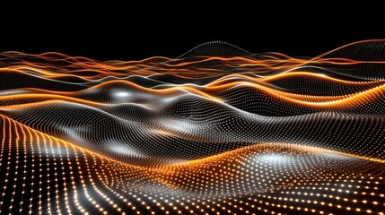 Wall Mural - Abstract Digital Landscape with Flowing Waves of Light Patterns in Dark Environment