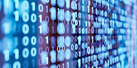 Perspective binary code field in glowing blue, digital matrix for data analysis, artificial intelligence, future cyber technology, programming, secure information networks