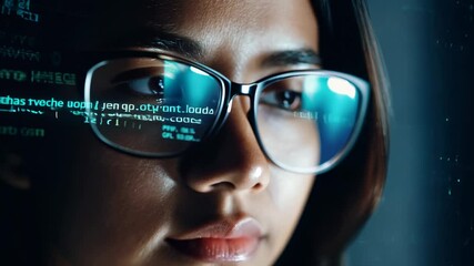 Close-up of a female Asian programmer's eyes in front of computer monitor. A focused look in the female programmer's eyes captures her dedication to her coding tasks on the monitor.