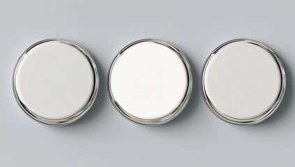 Three white circles with subtle texture variations, metallic rims on a neutral background
