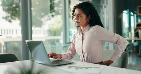 Poster - Back pain, finance and laptop with business woman at desk in office for online report or research. Injury, posture and spine with professional accountant at work on computer for financial management