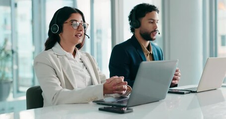 Aufkleber - Contact us, conversation and laptop with people in call center for assistance, feedback or help. Computer, coworking and online support with employee team in agency workplace for customer service