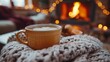 © Pinklife - A comforting cup of hot coffee nestled in a knitted blanket, beside a glowing fireplace, embodying warmth, tranquility, and the joy of relaxing moments on chilly evenings.