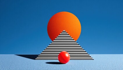 Poster - Abstract Geometric Composition With Striped Pyramid, Orange Sphere, and Red Ball Against Blue Backdrop, Symbolizing Creativity and Innovation in Product Presentation : Generative AI