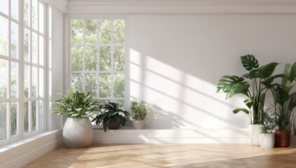Poster - Bright Room With Plants Near Window, Ideal For Home Decor Advertising and Sustainable Living Promotion, Showing Natural Light and Interior Design : Generative AI