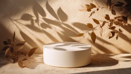 Aufkleber - Minimalist Podium With Leaf Shadows on Textured Wall, Ideal for Product Showcase and Beauty Presentation, Evoking Serenity and Natural Elegance : Generative AI